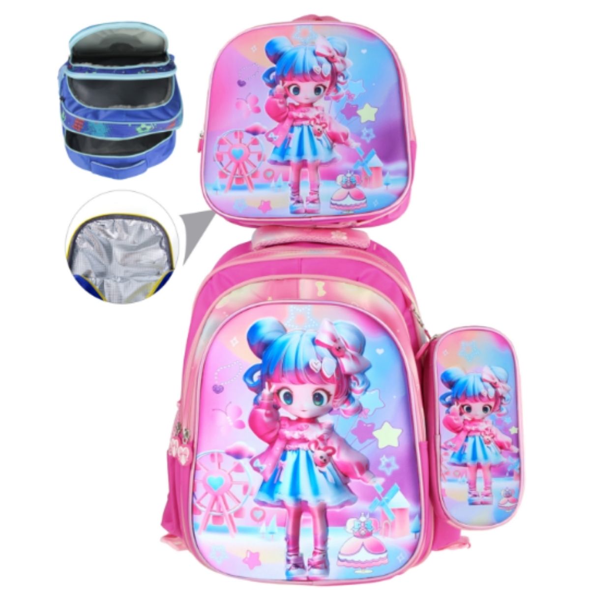 Kit Infantil Bonequinha 3 Peças – Mochila, Bolsa Térmica e Estojo 3JT-B2565