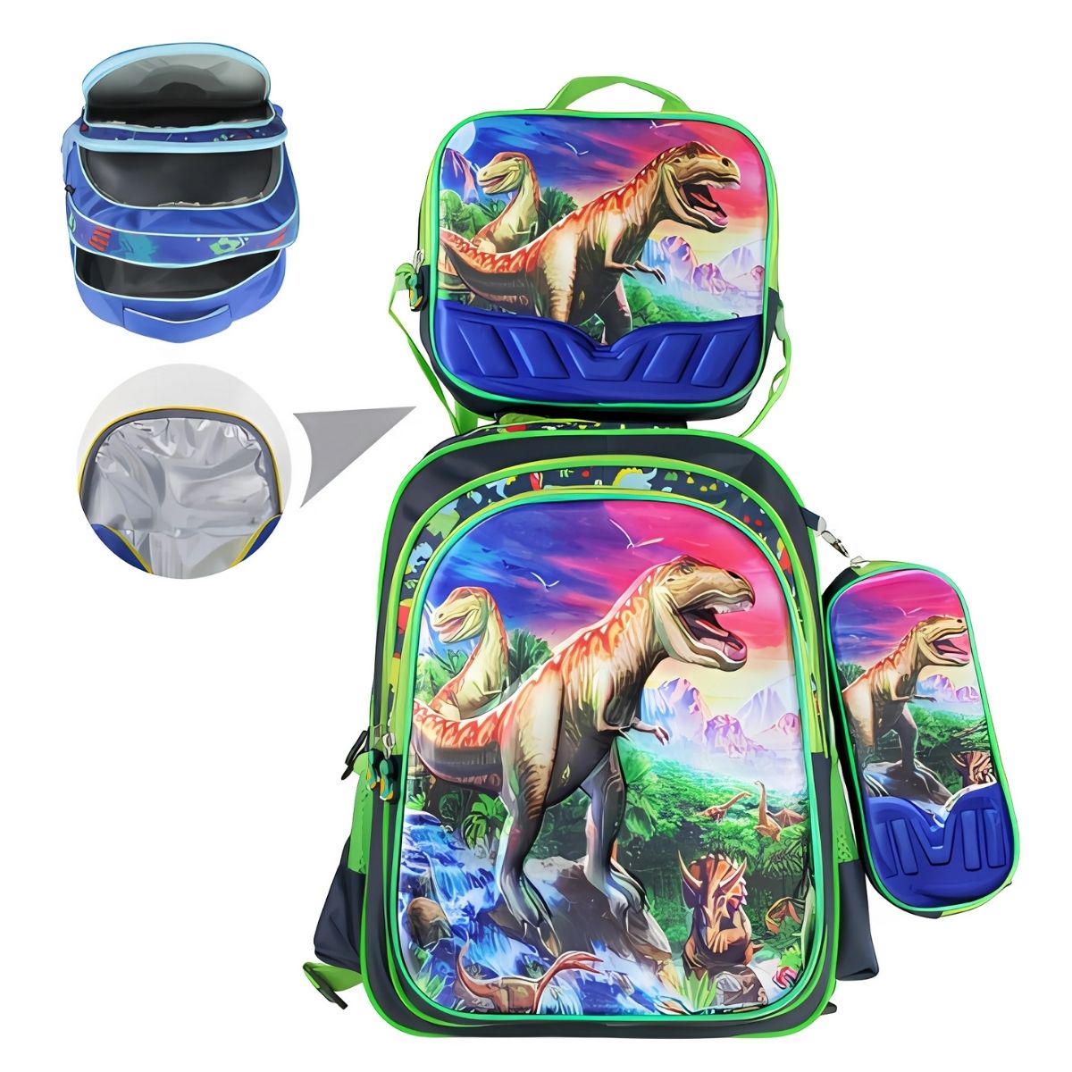Kit Mochila Infantil 3D Dinossauro com Bolsa Térmica e Estojo