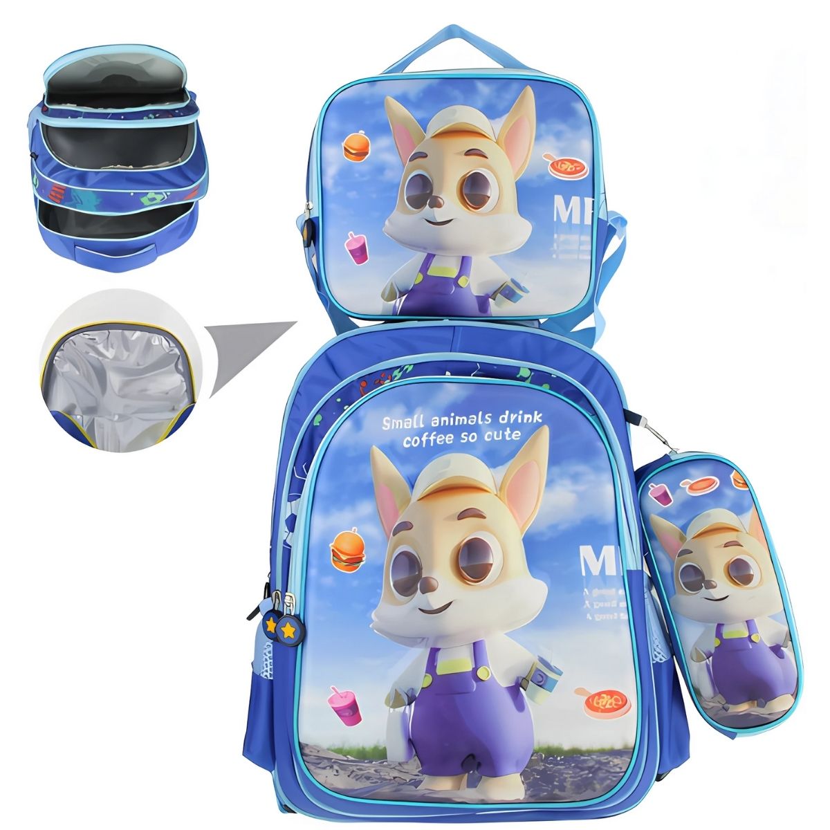 Kit Mochila Infantil 3D Azul com Bolsa Térmica e Estojo – Grande, Reforçada e Confortável