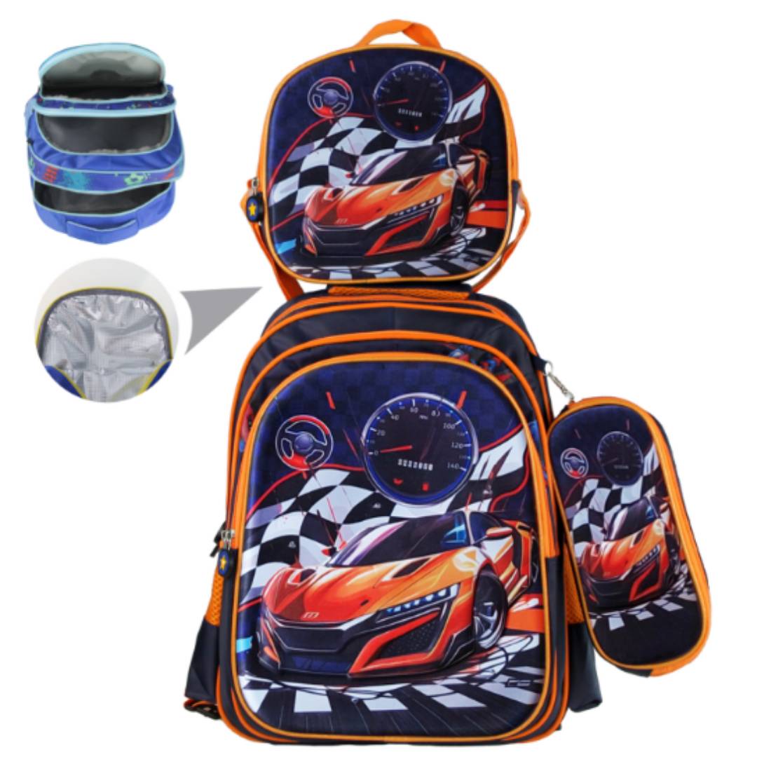 Kit Mochila Infantil Carros com Bolsa Térmica e Estojo