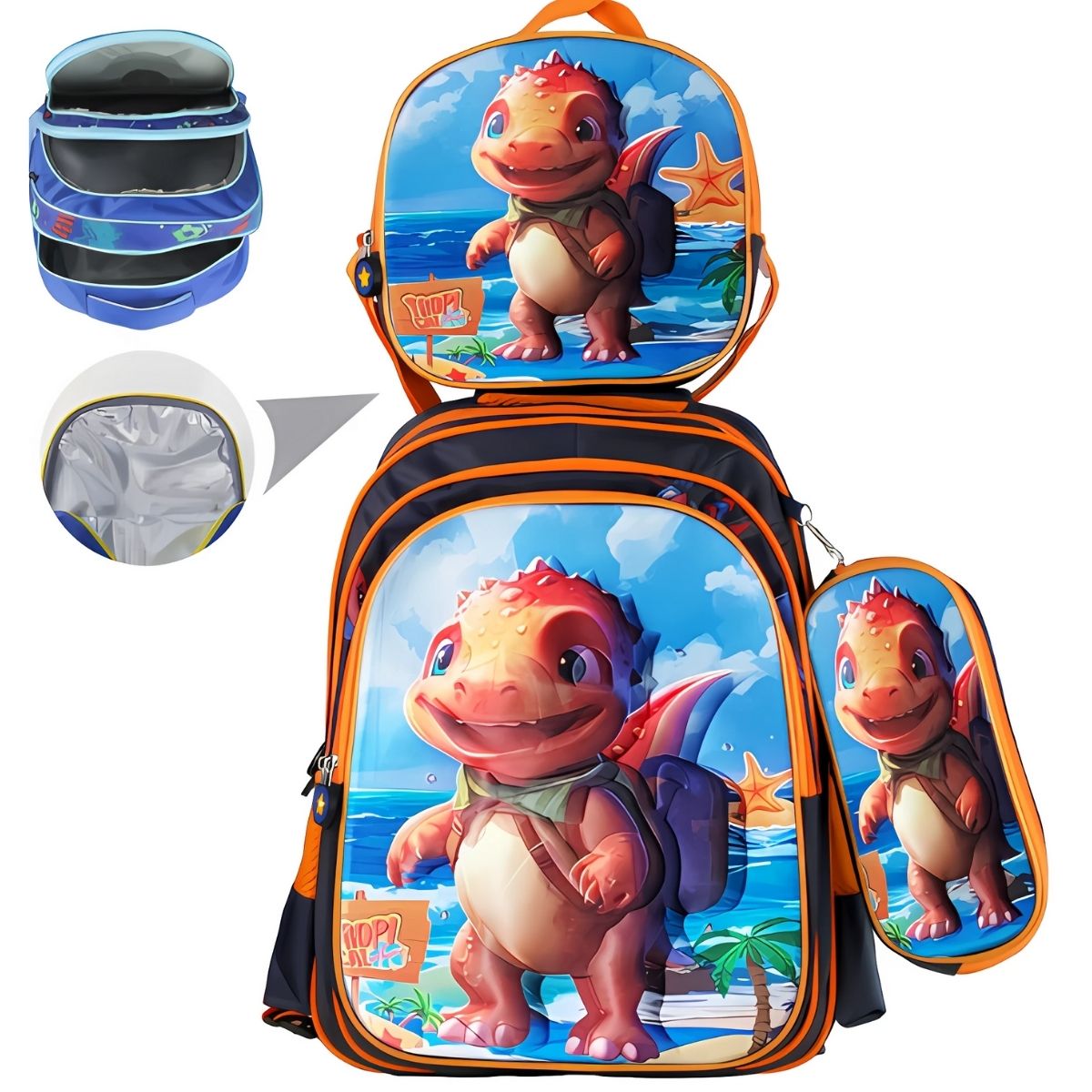 Kit Mochila Infantil 3D com Bolsa Térmica e Estojo – Grande, Reforçada e Confortável