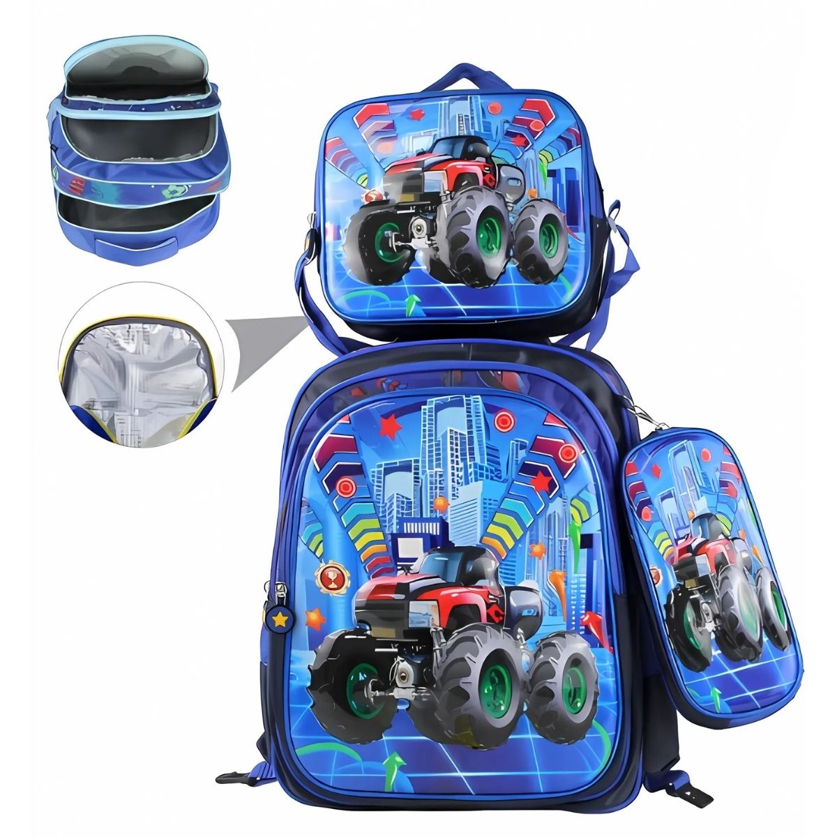 Kit Escolar 3 Peças  Mochila com Estampa 3D + Bolsa Térmica