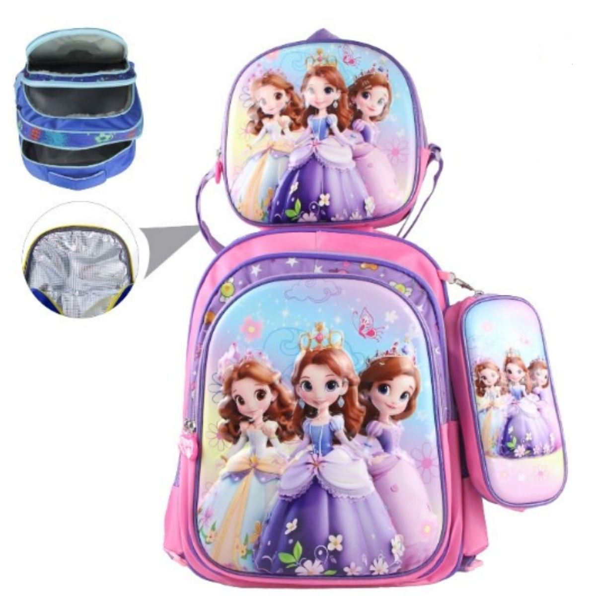 Kit Mochila Infantil Princesas com Bolsa Térmica e Estojo – 3 Peças