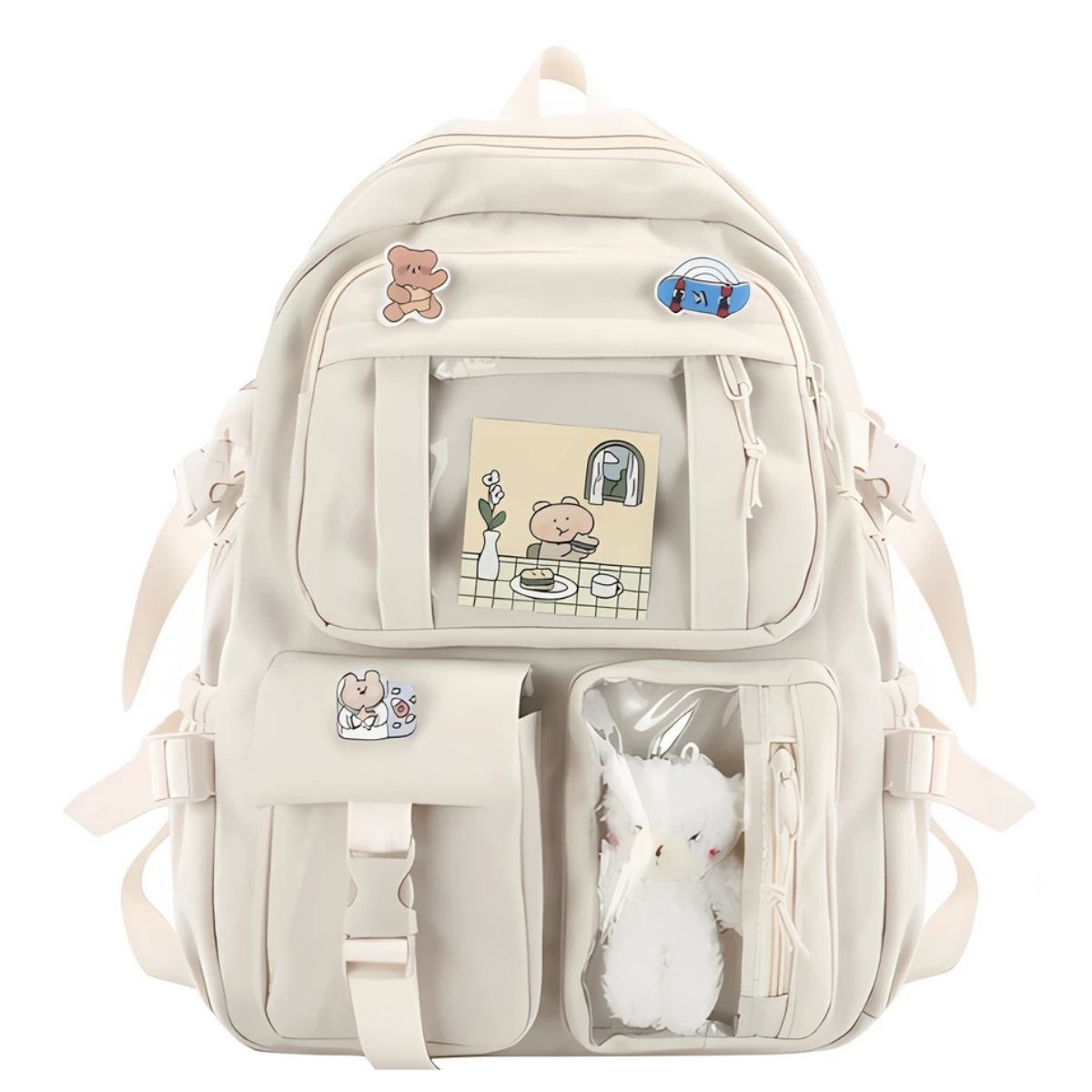 Mochila Escolar Feminina com Ursinhos Decorativos e Compartimentos Funcionais