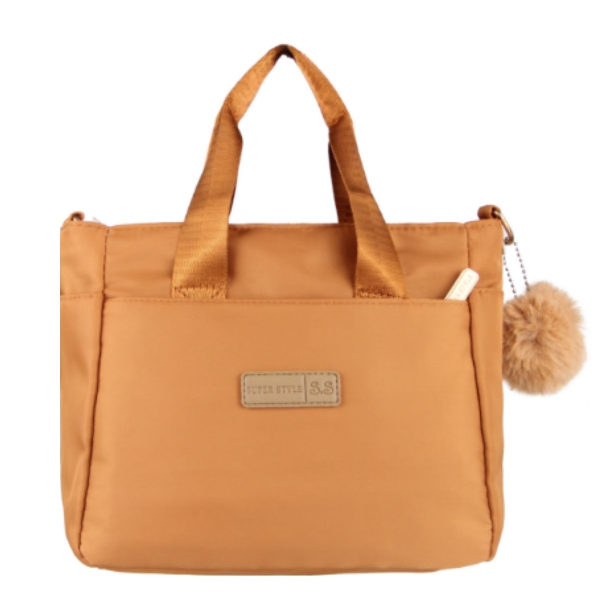 Bolsa Feminina em Nylon com Alças Duplas e Pompom Estilo Chaveiro
