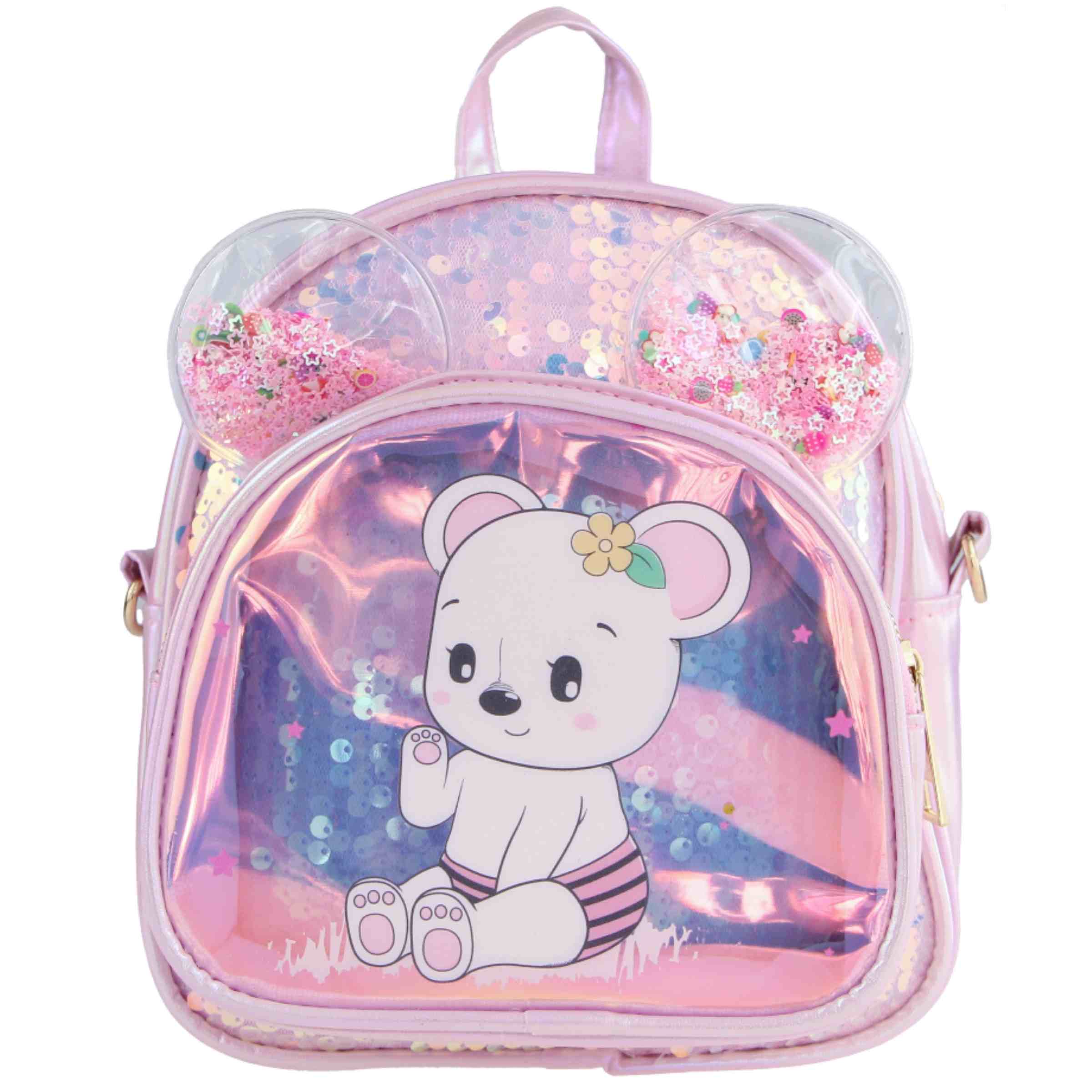 Mochila Infantil Holográfica com Personagens, Glitter e Alça de Segurança