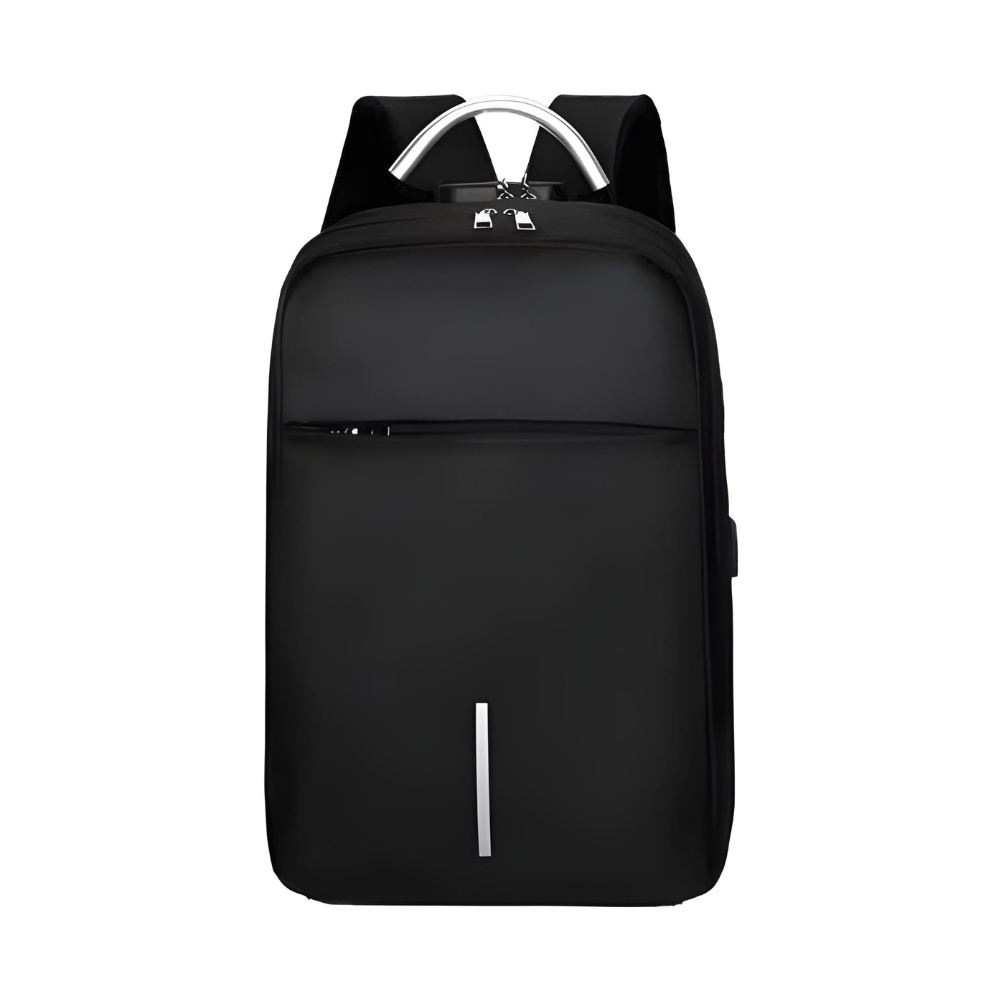 Mochila Executiva Preta USB com Zíper Frontal, Cabo de Metal e Zíper Traseiro