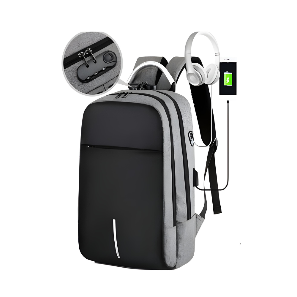 Mochila Executiva Cinza USB com Cadeado Zíper Frontal e Traseiro Cabo de Metal