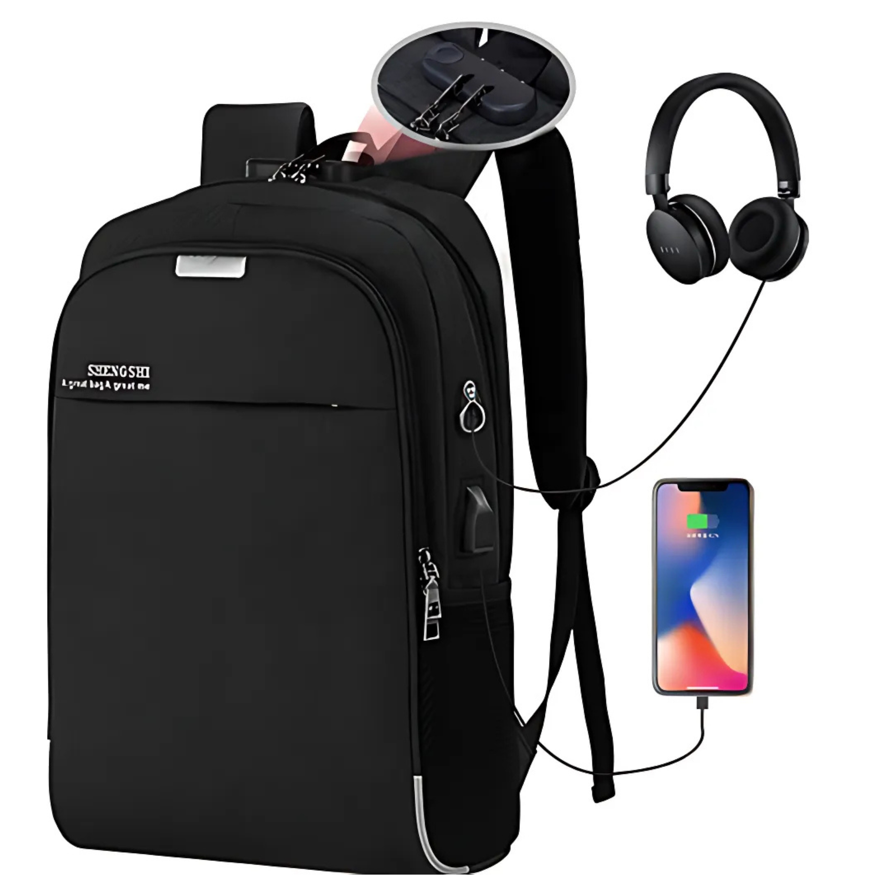Mochila Executiva Preta USB com Saída para Fone de Ouvido