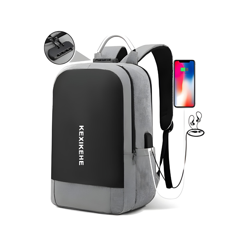 Mochila Executiva USB com Cadeado Zíper Frontal e Traseiro Cabo de Metal