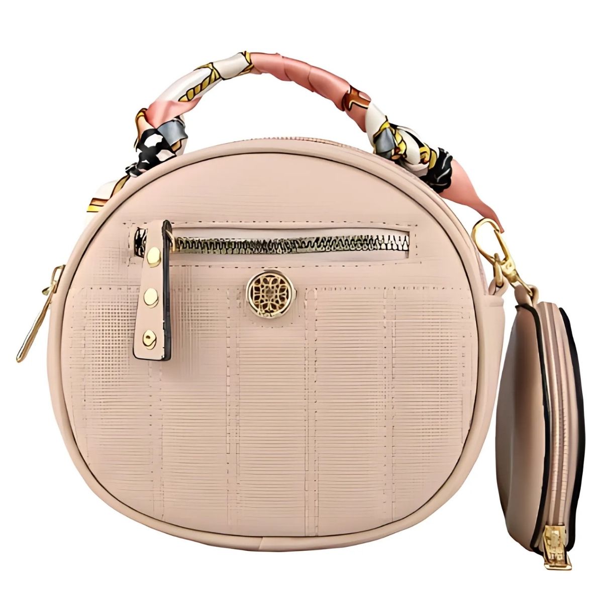 Bolsa Feminina Redonda com Alça Estampada e Porta-Moeda Integrado - Modelo Exclusivo
