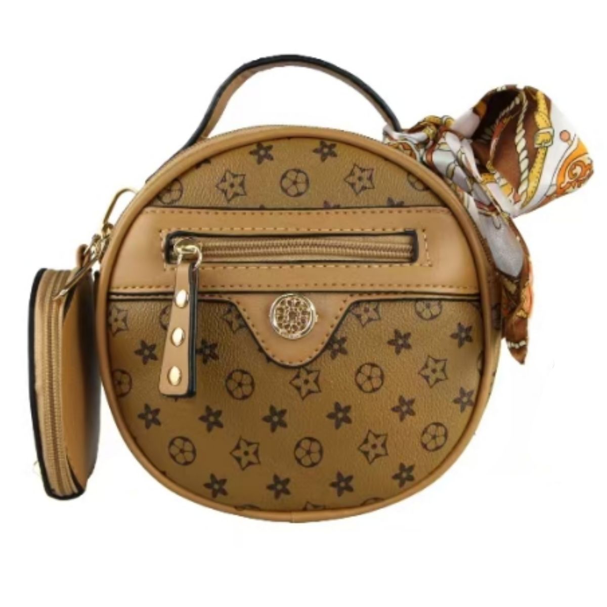 Bolsa Feminina Redonda com Porta-Moeda e Lenço Decorativo