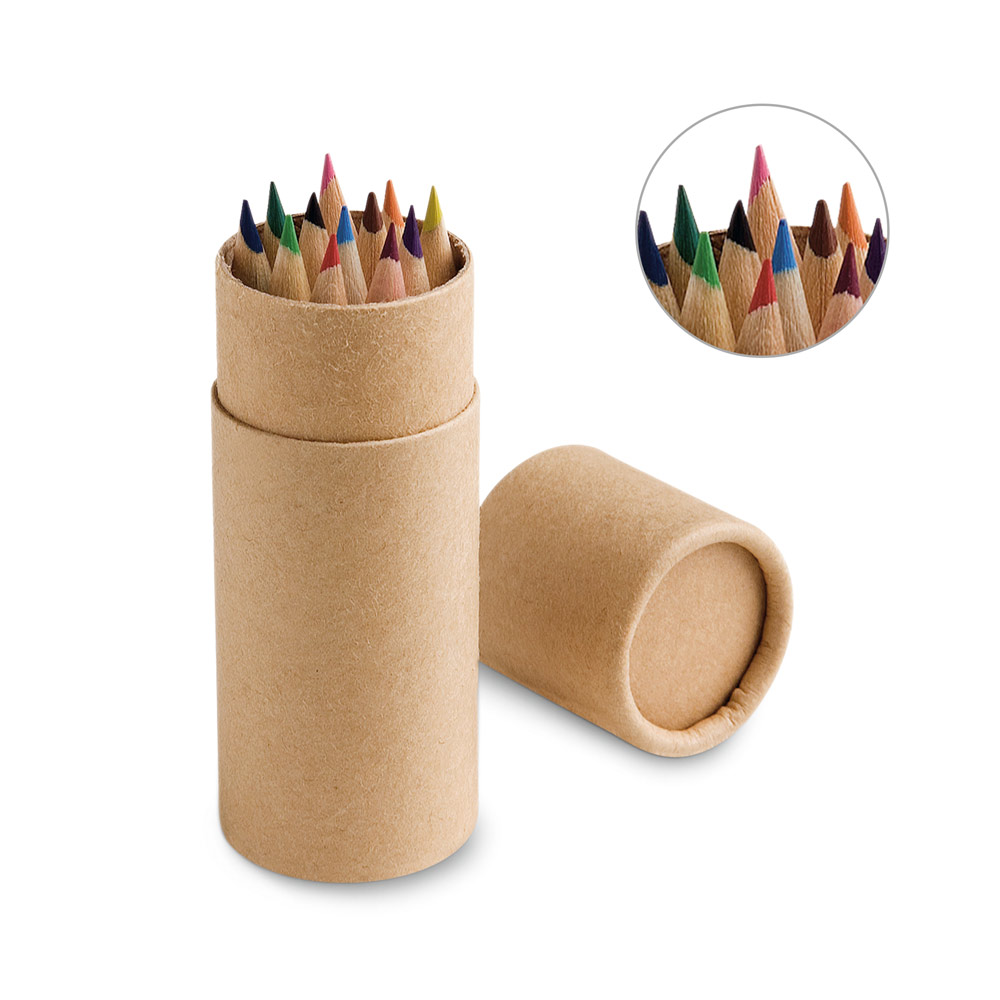 Caixa cilíndrica em papel kraft reciclado com 12 lápis de cor