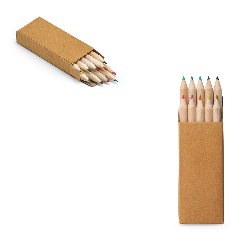 Caixa de papel kraft reciclado com 10 mini lápis de cor