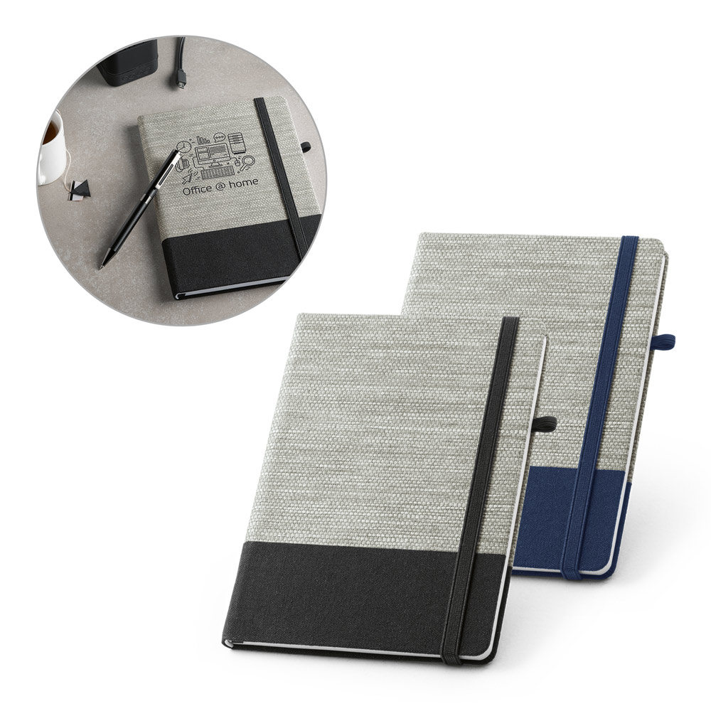 Caderno A5 de capa dura em palha e algodão canvas, com páginas pautadas
