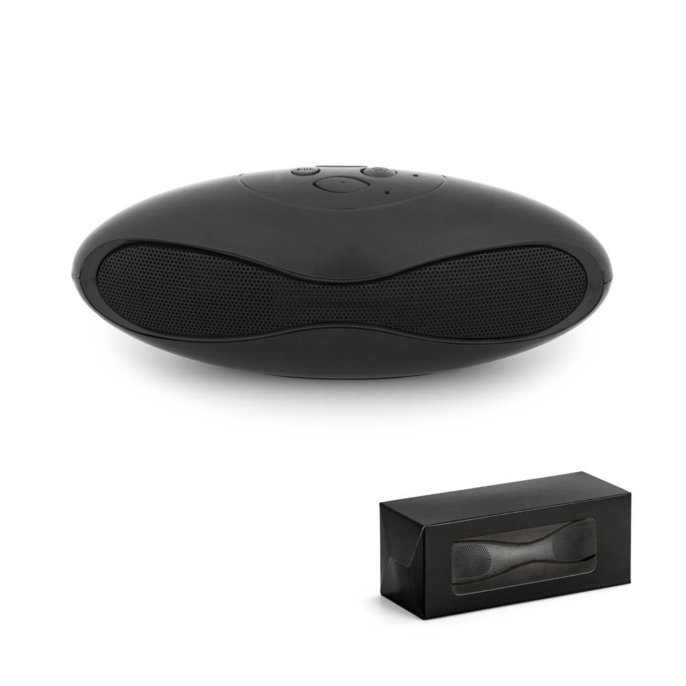 Caixa de som portátil com autonomia de 3h e microfone, em ABS