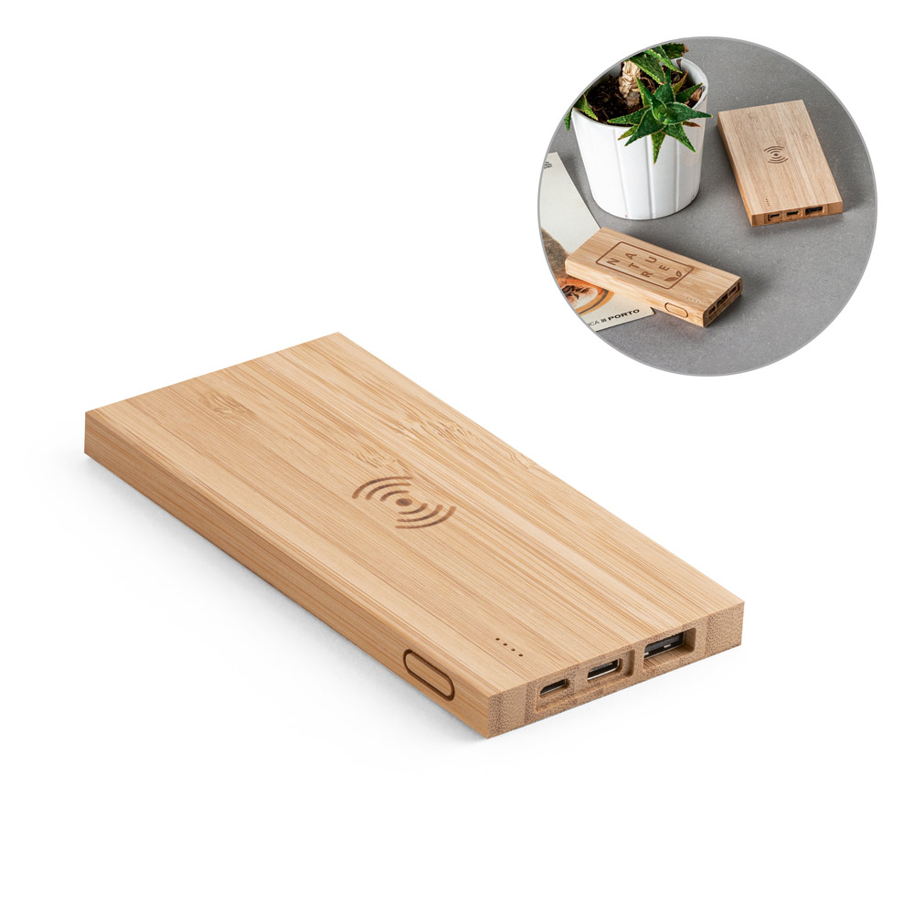 Bateria portátil com carregador por indução (wireless) super-rápido em bambu (5'000 mAh)