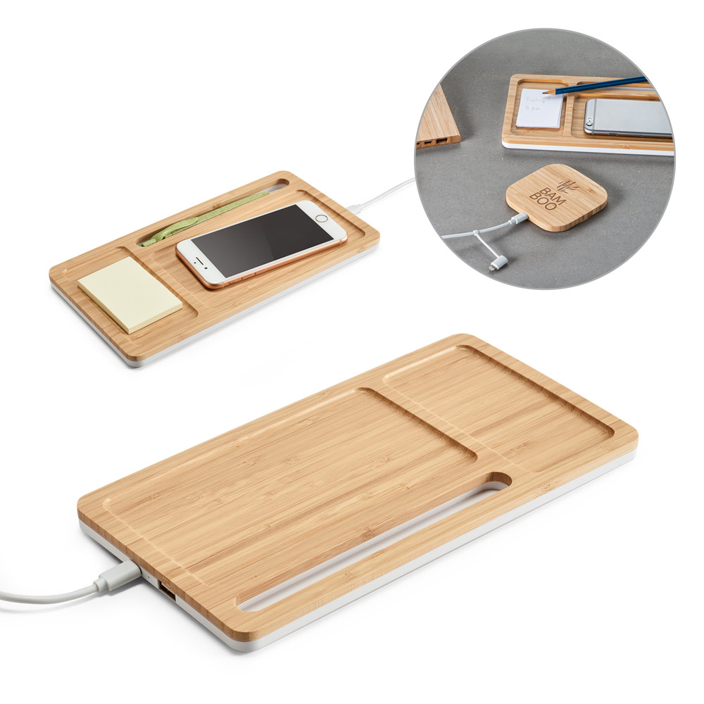 Organizador de secretária (mesa) em bambu e ABS com carregador por indução super-rápido (15W)