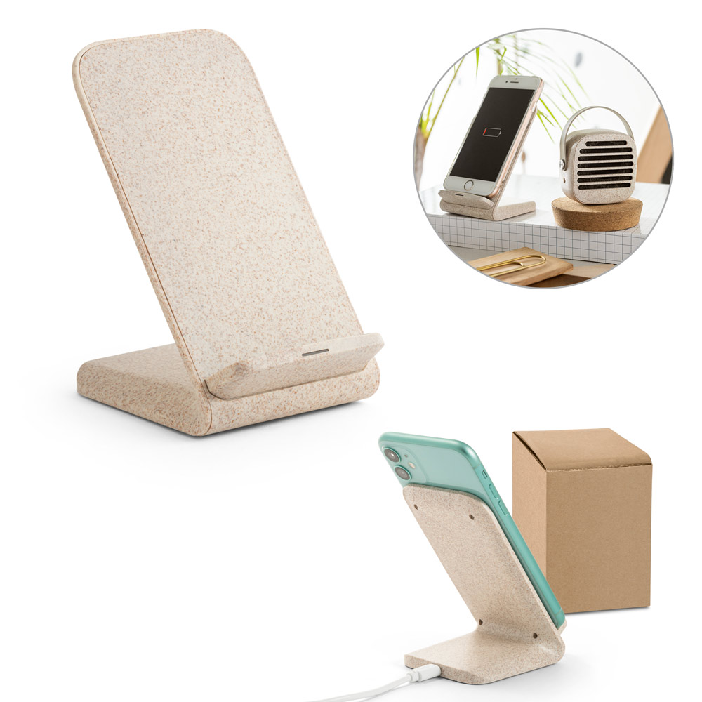 Suporte para celular com carregador por indução super-rápido (15W), em fibra de palha de trigo e ABS