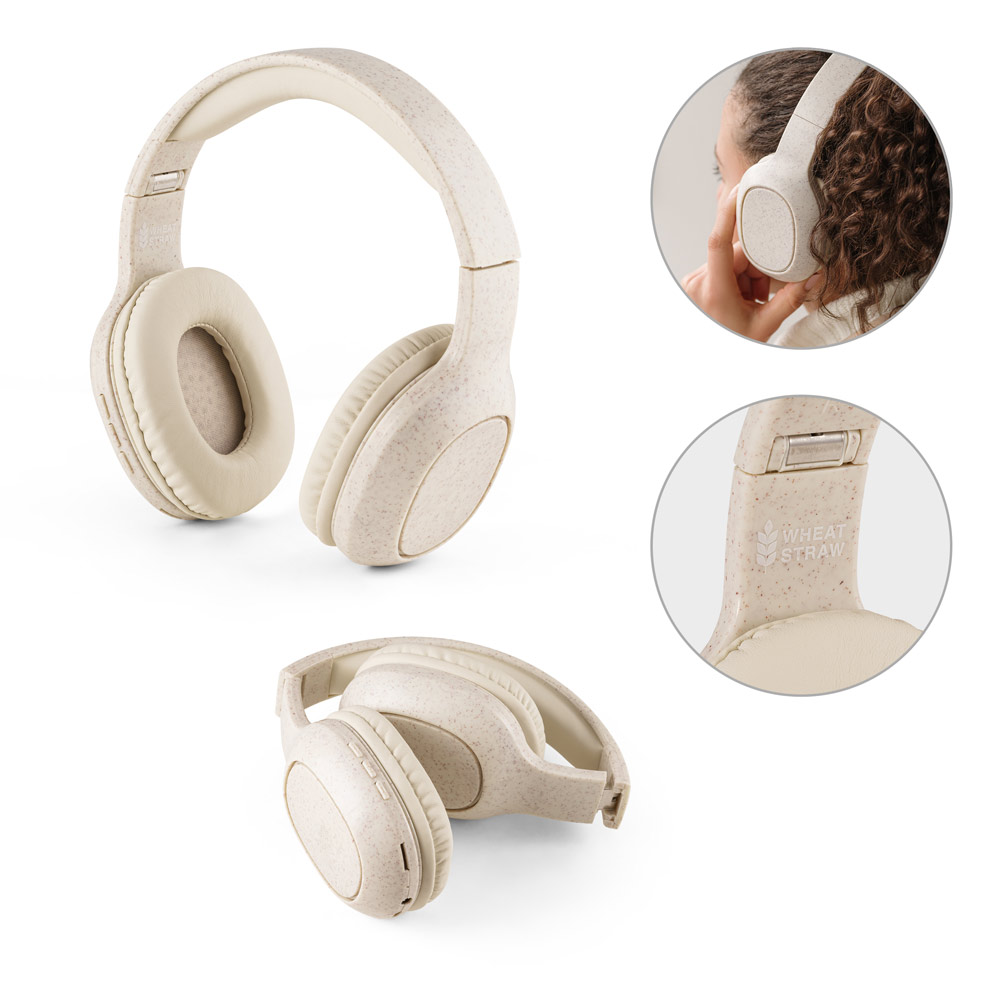 Fones de ouvido wireless dobráveis com autonomia de 13h (400 mAh), em fibra de palha de trigo e ABS