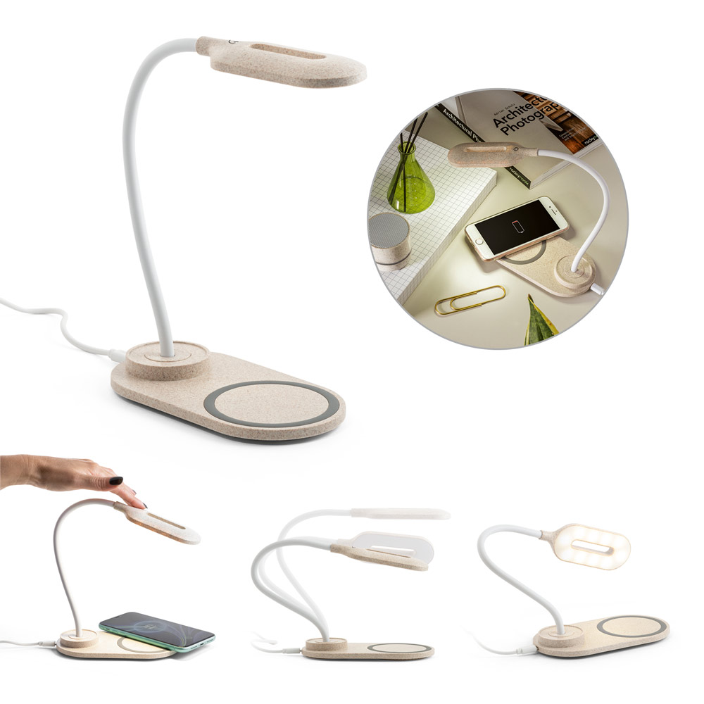 Luminária de mesa com carregador por indução super-rápido (15W), em ABS e fibra de palha de trigo