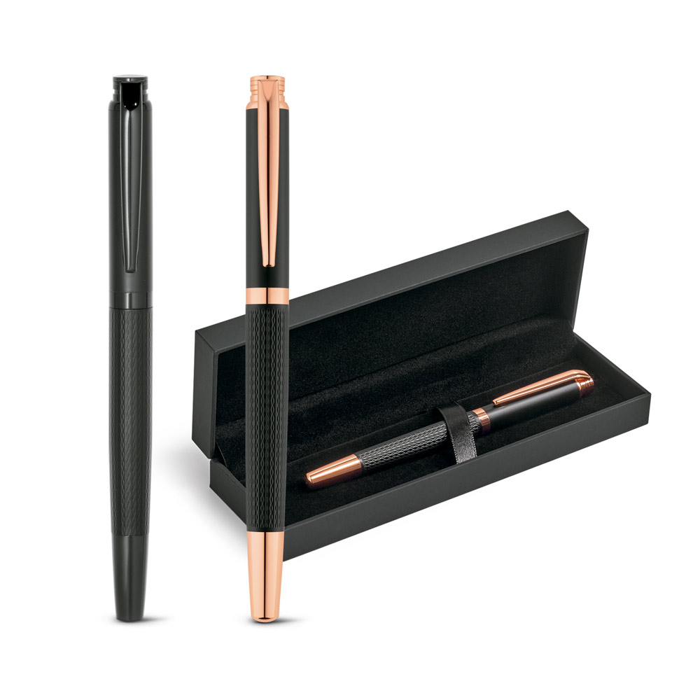 Caneta roller em metal com escrita em preto