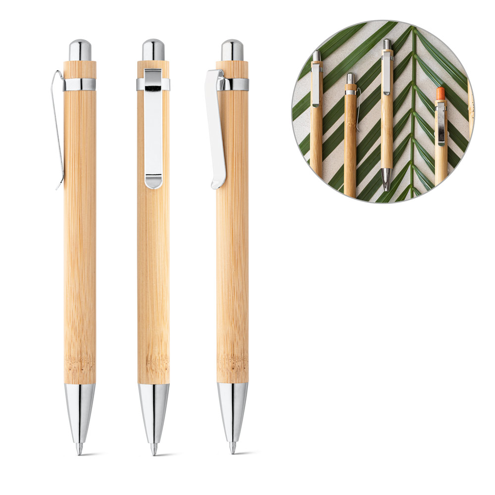 Caneta esferográfica em bambu com escrita em azul