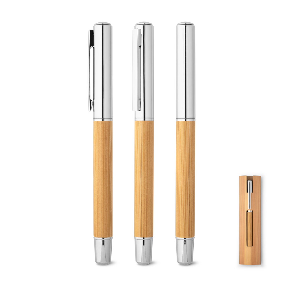 Caneta roller em aço inox 90% reciclado e bambu com escrita em azul