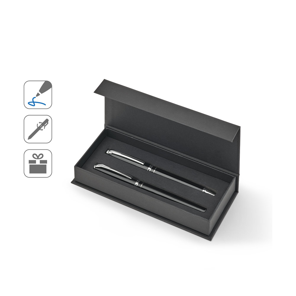Set premium de 1 caneta esferográfica e 1 caneta roller em cobre e aço inox, com escrita em azul