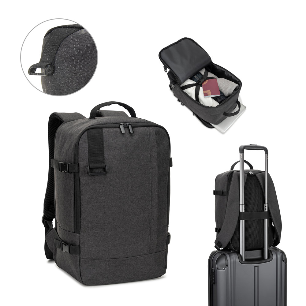 Mochila desenvolvida para cumprir as dimensões exigidas pelas companhias aéreas em poliéster reciclado 600D de alta densidade com acabamento repelente à água (20 L)