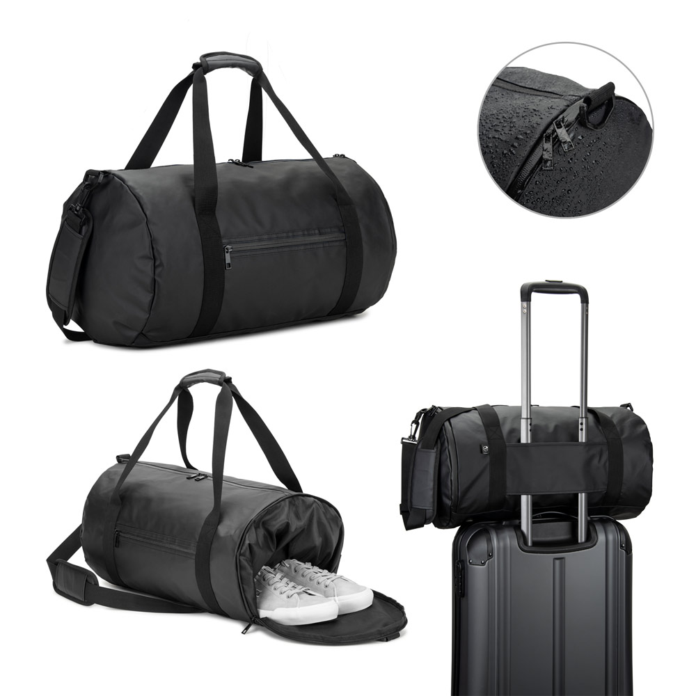 Bolsa esportiva em formato cilíndrico em poliéster reciclado 600D de alta densidade com compartimento lateral para sapatos (32 L)