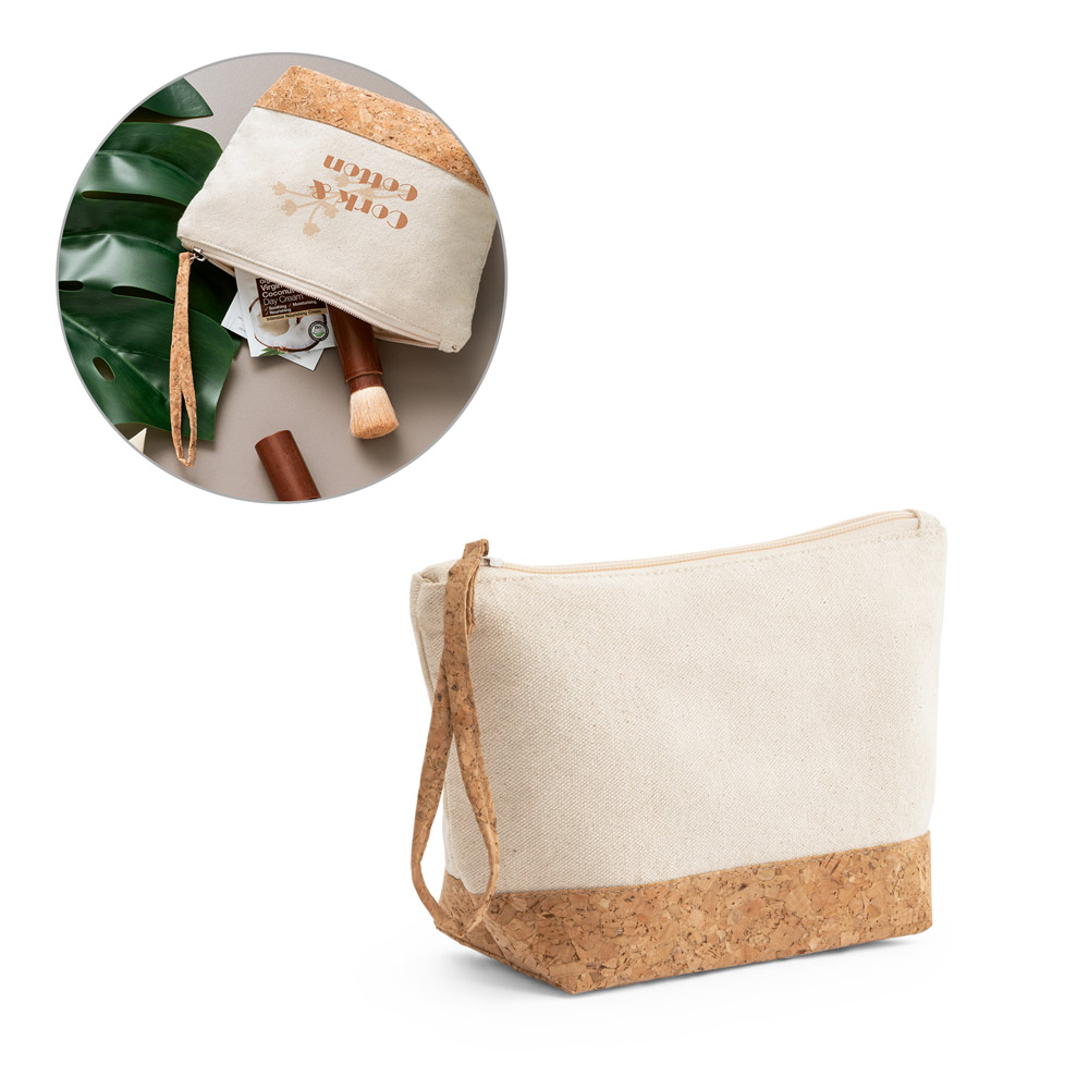Bolsa de cosméticos 100% de algodão (280 g/m²) com detalhes em cortiça
