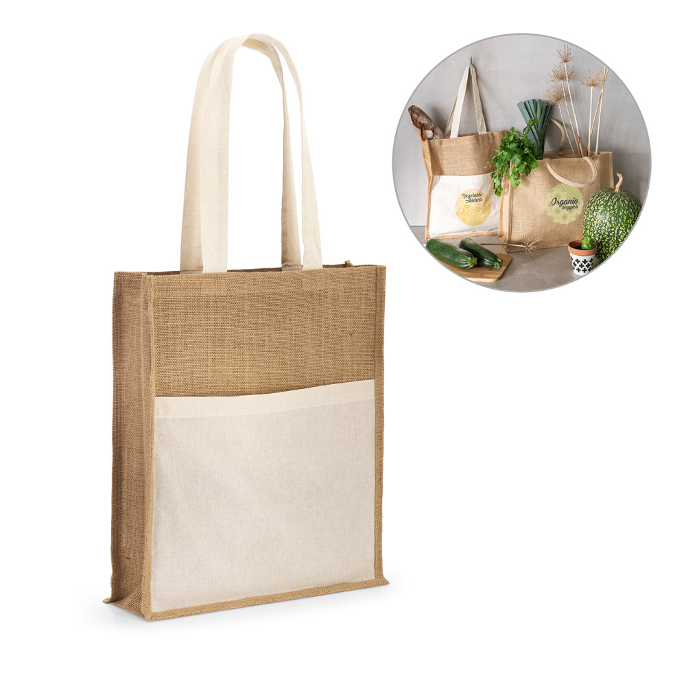 Sacola em 100% juta (240 g/m²) e bolso em 100% algodão (140 g/m²)