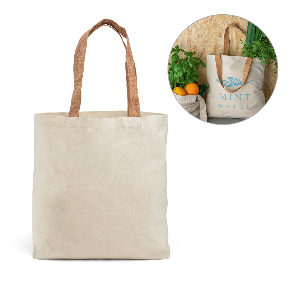 Sacola 100% algodão (180 g/m²) com alças em cortiça e bolso interior