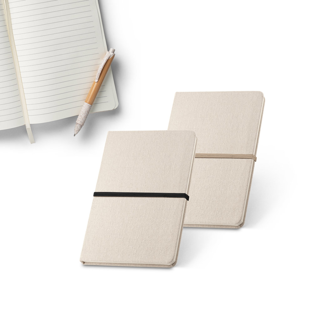 Caderno A5 de capa dura em linho (230 g/m²), com páginas pautadas