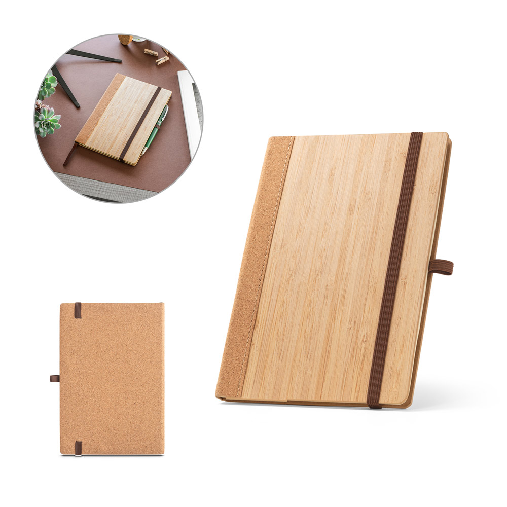Caderno A5 de capa dura em folha de bambu e cortiça, com páginas pautadas