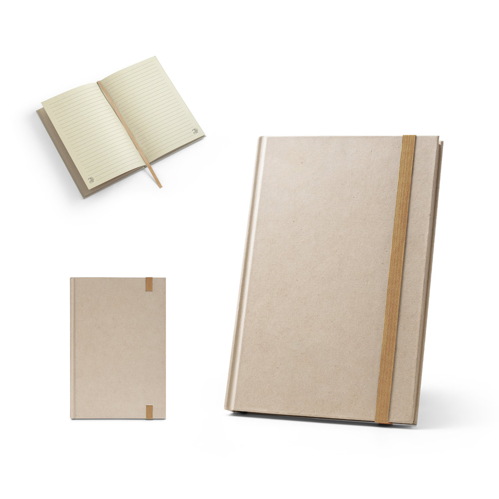 Caderno A5 de capa dura em papel à base de cana-de-açúcar (80% polpa da cana-de-açúcar) com páginas pautadas