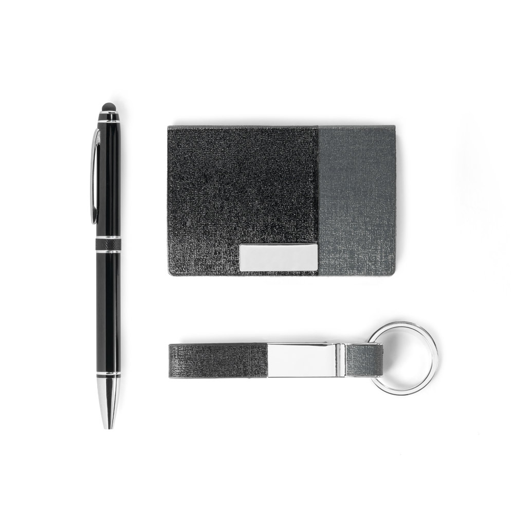 Kit de porta cartões, chaveiro e caneta esferográfica em c.sintético, metal e alumínio