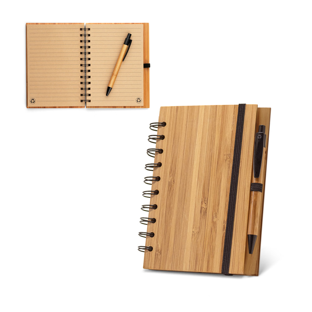 Caderno A5 espiral de capa dura em bambu, com páginas pautadas em papel 100% reciclado