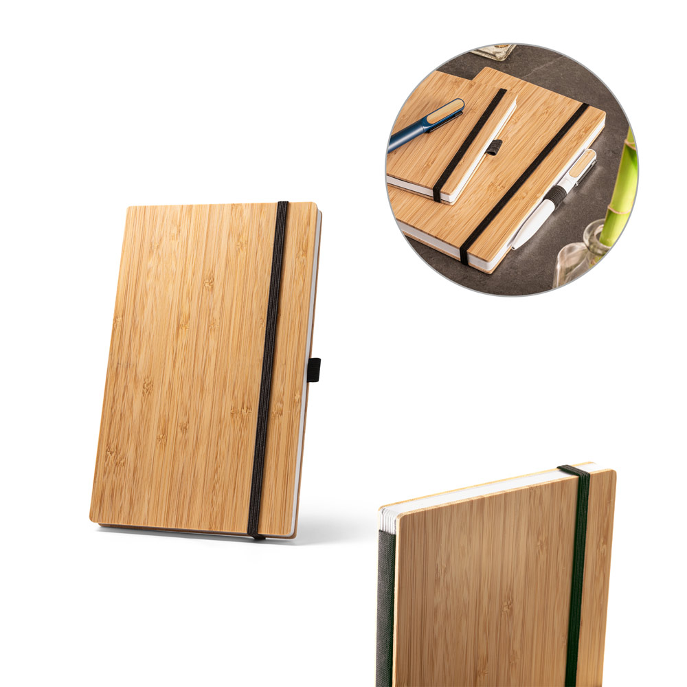 Caderno A5 de capa e contracapa em placa de bambu e lombada em PET 100% reciclado, com páginas pautadas recicladas