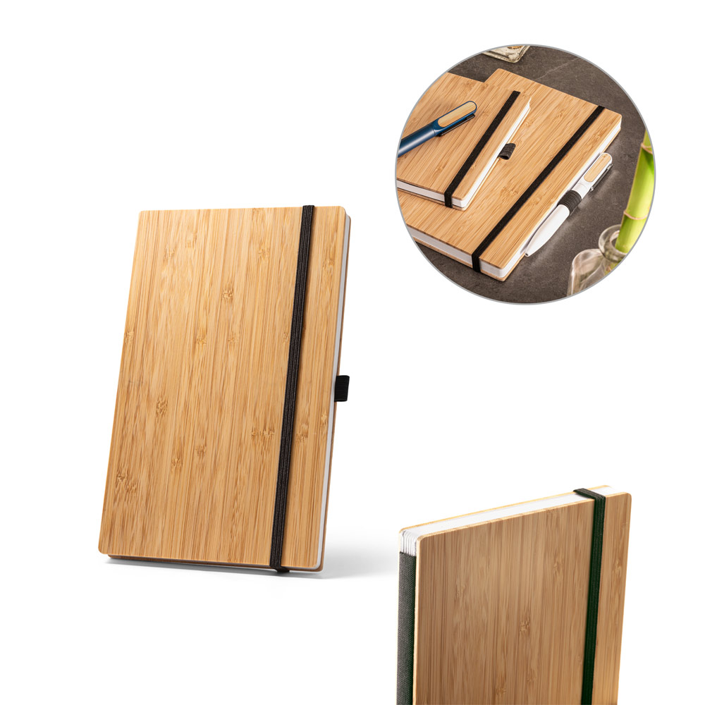 Caderno de bolso com capa e contracapa em placa de bambu e lombada em poliéster 100% reciclado, com páginas lisas recicladas