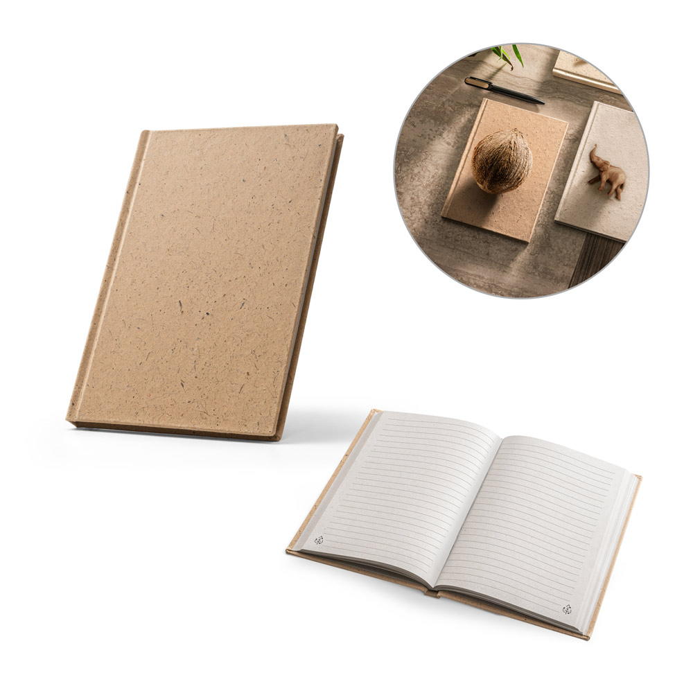 Caderno A5 em casca de coco (60%) e trapos de algodão (40%), com 160 páginas pautadas recicladas