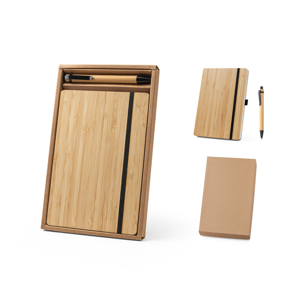 Conjunto de caderno A5 em bambu com páginas pautadas e caneta esferográfica em bambu