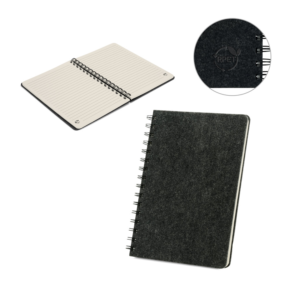 Caderno A5 de capa semi-rígida em feltro 100% reciclado, com páginas pautadas