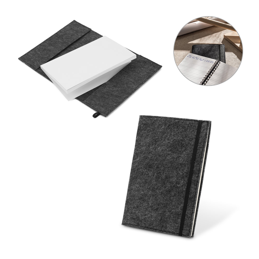 Caderno A5 com capa em feltro 100% reciclado, com páginas pautadas recicladas