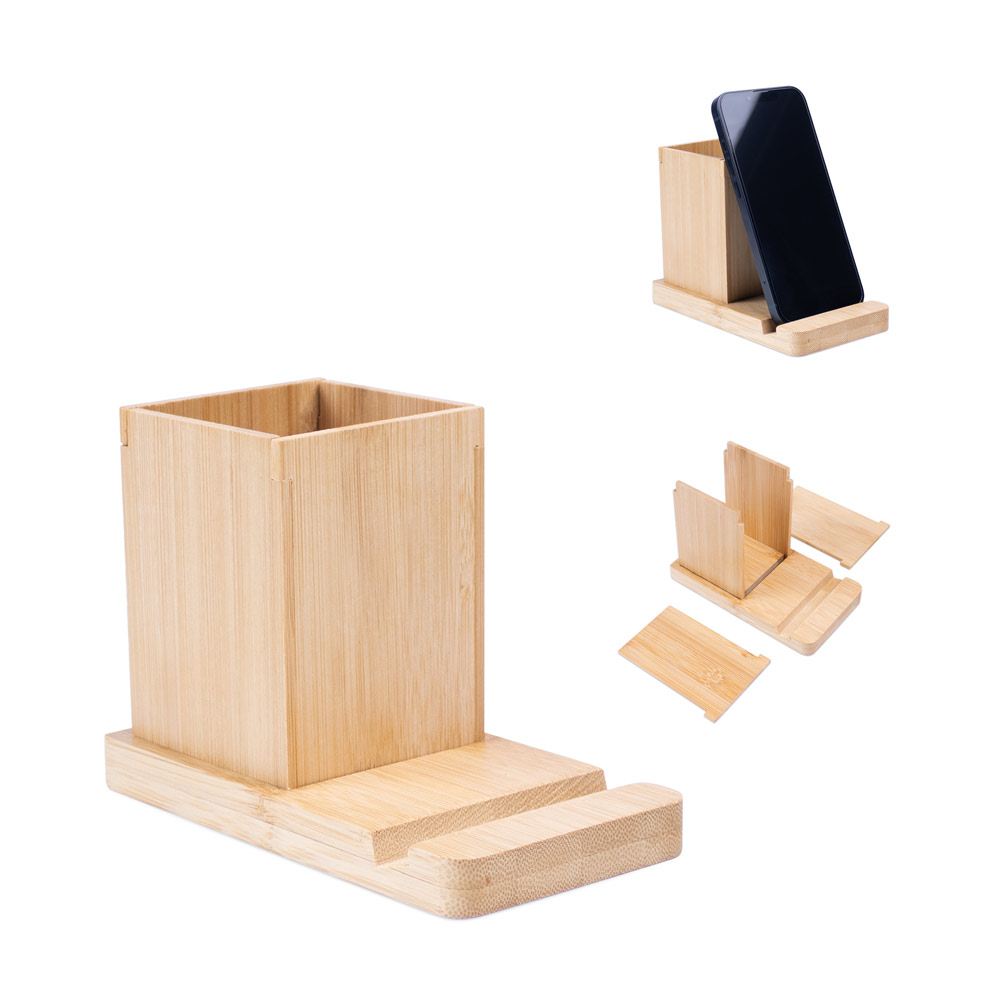 Conjunto de secretária com suporte para celular e copo, em bambu
