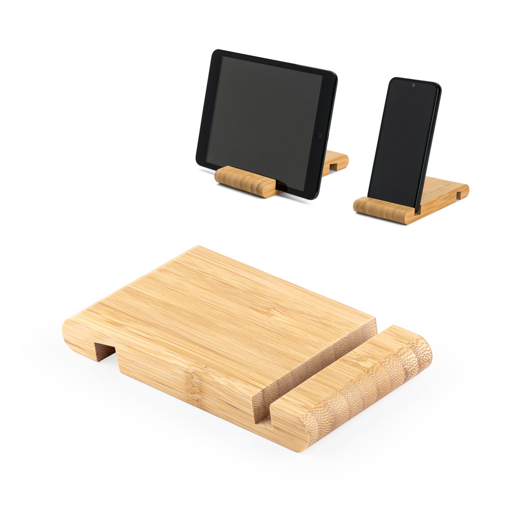 Suporte para celular com duas canaletas de tamanhos diferentes, em bambu