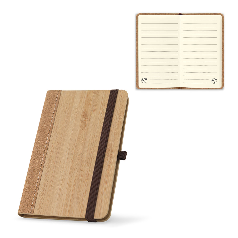 Caderno de bolso de capa dura em folha de bambu e cortiça com páginas pautadas recicladas