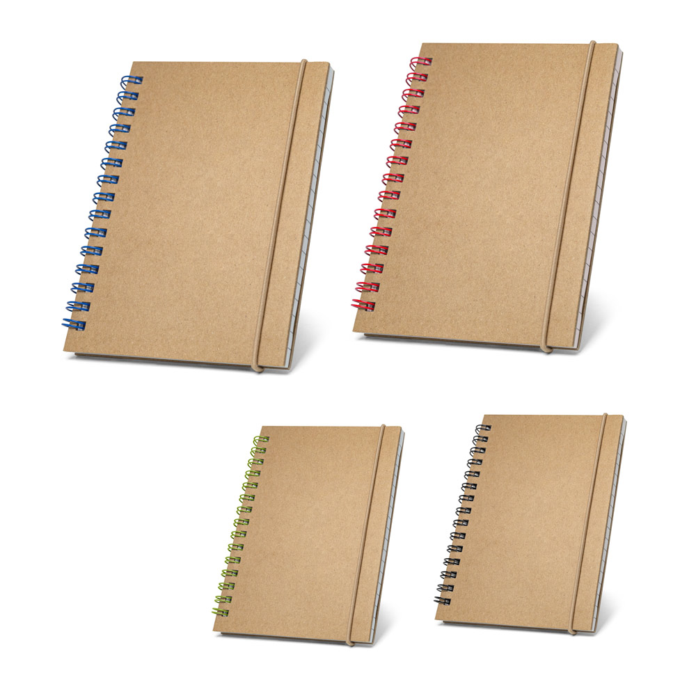 Caderno de bolso espiral de capa dura em cartão, com páginas pautadas recicladas