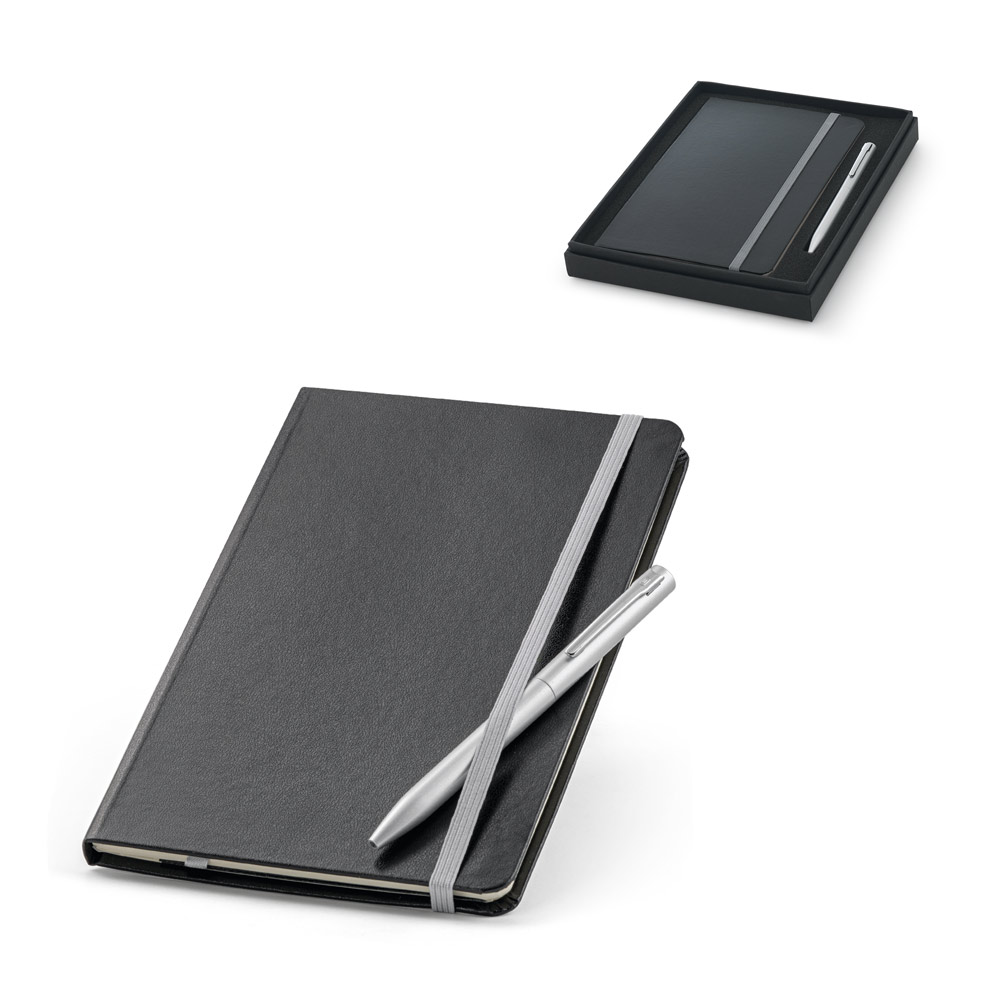 Conjunto composto por 1 caderno e 1 caneta esferográfica. Caderno A5 com 160 páginas pautadas e caneta esferográfica com escrita em azul